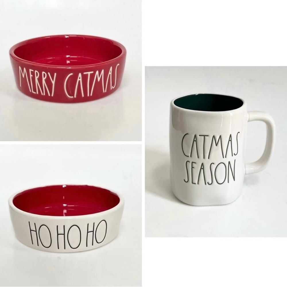 Rae Dunn Merry Catmas Ho Ho Ho Christmas Season Red Green White Mug Pet Bowl